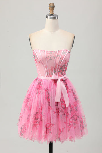 Pink Flower Strapless Corset Short Prom Dress with Bow